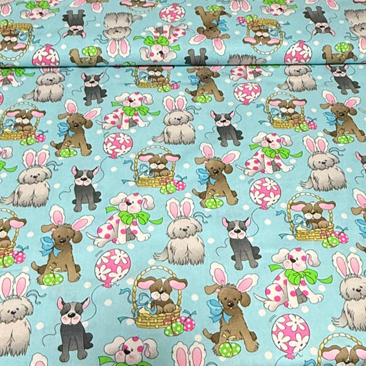 Whimsical Dressed Dogs on Blue Print Fabric – 100% Cotton | 45” Wide