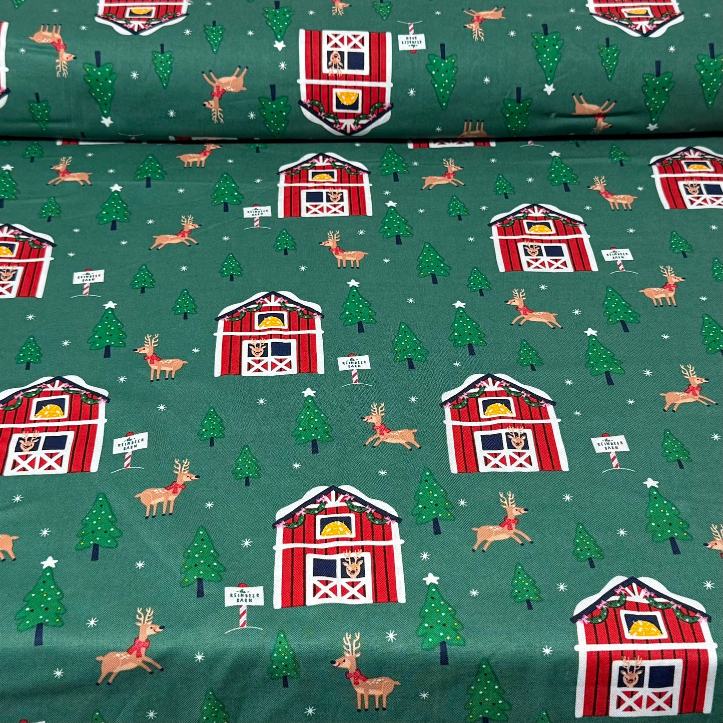 Christmas Barn & Reindeer Print Fabric – 100% Cotton | 45” Wide