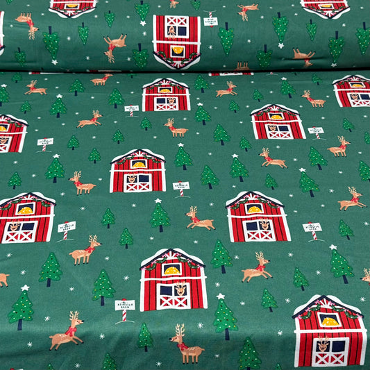 Christmas Barn & Reindeer Print Fabric – 100% Cotton | 45” Wide