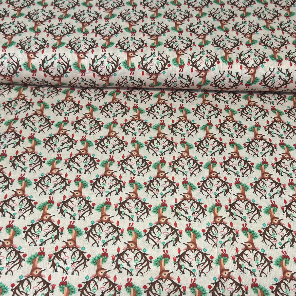 Christmas Reindeer & Ornaments on Cream Print Fabric – 100% Cotton | 45” Wide