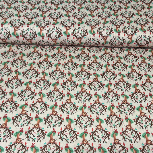 Christmas Reindeer & Ornaments on Cream Print Fabric – 100% Cotton | 45” Wide