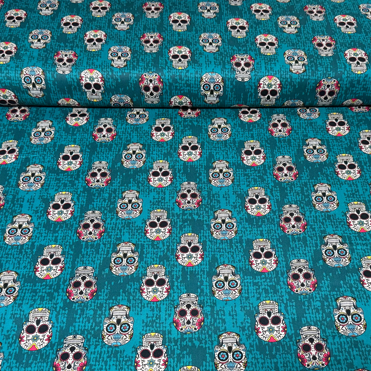 Teal Sugar Skull Cotton Fabric – Day of the Dead Toss | 45” Quilting Cotton