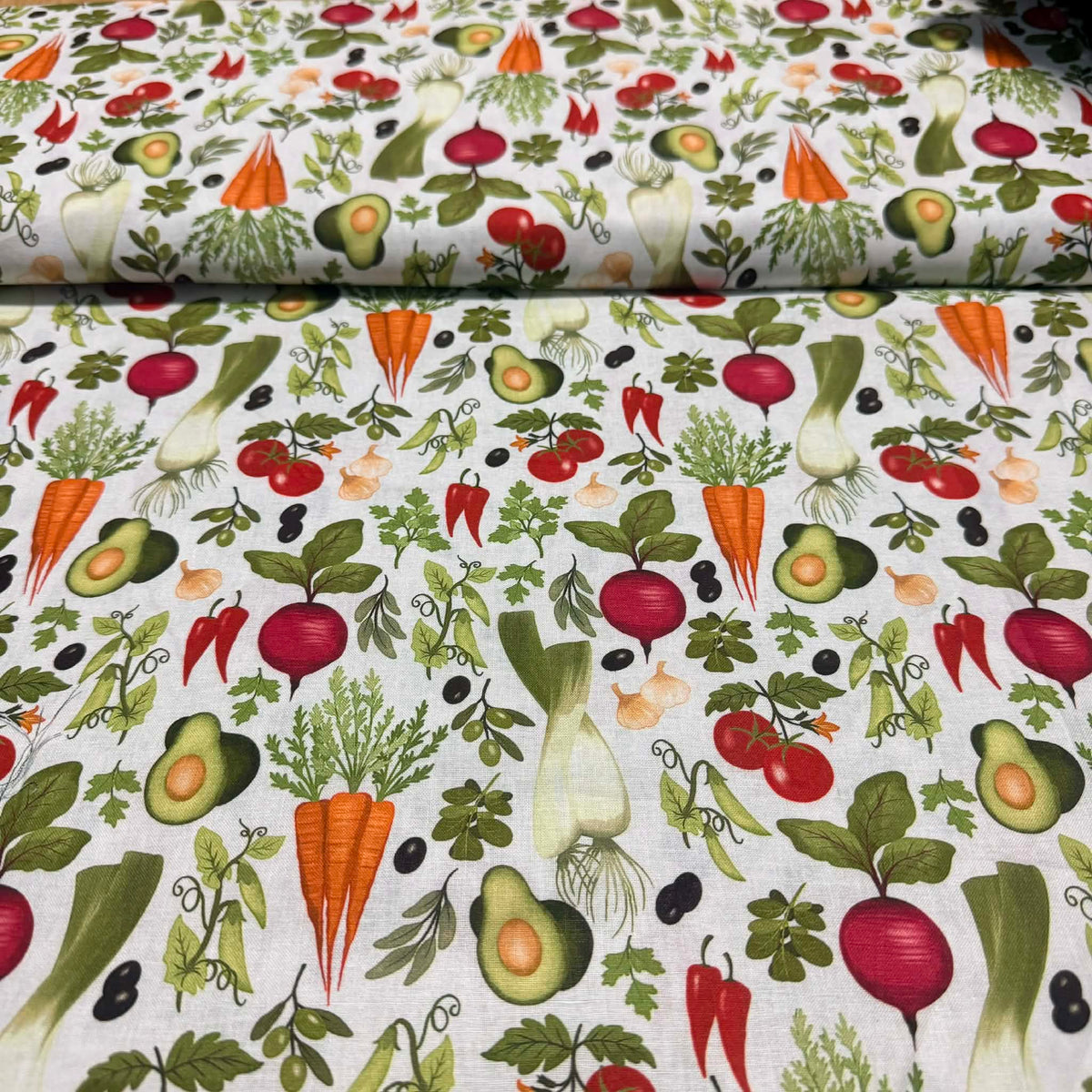 Garden Vegetable Print Fabric – White | 100% Cotton | 45” Wide