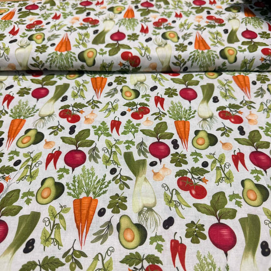Garden Vegetable Print Fabric – White | 100% Cotton | 45” Wide