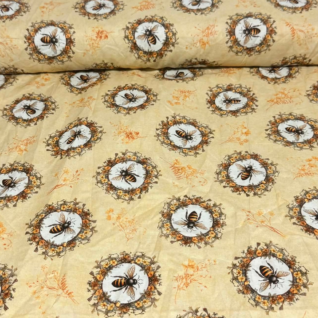 Vintage Bee Wreath Print Fabric – 100% Cotton | 45” Wide