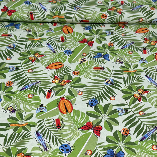 Tropical Garden Bugs Quilting Fabric – Leaves & Insects | 100% Cotton | 45” Wide