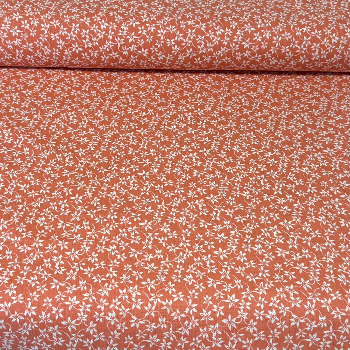 Dainty White Floral Vines on Terracotta Print Fabric – 100% Cotton | 45” Wide