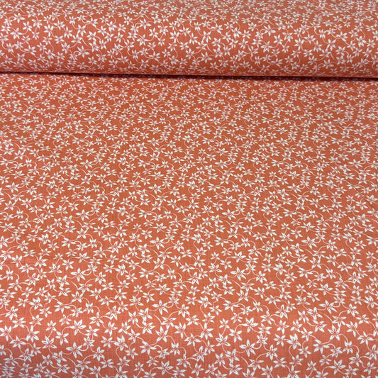 Dainty White Floral Vines on Terracotta Print Fabric – 100% Cotton | 45” Wide