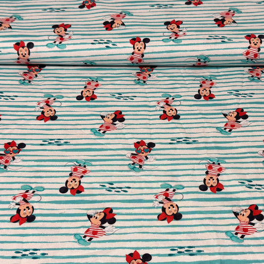 Minnie on Aqua Stripes | 100% Cotton Fabric | 45” Wide