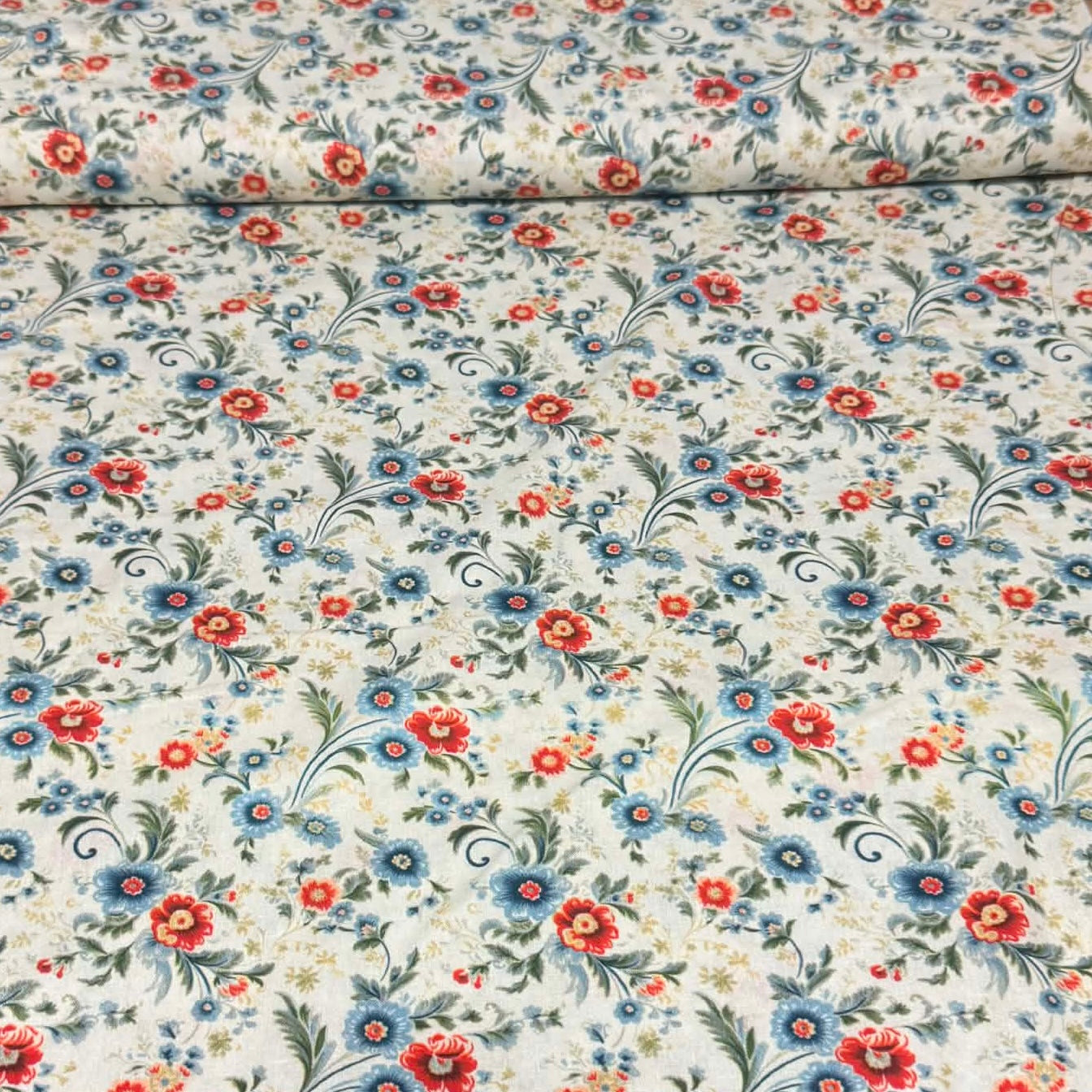 Vintage Blue & Red Floral Print Fabric – 100% Cotton | 45” Wide