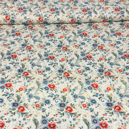 Vintage Blue & Red Floral Print Fabric – 100% Cotton | 45” Wide