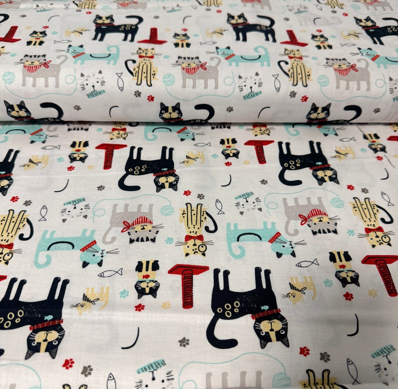 Whimsical Cats Toss Print Fabric – 100% Cotton | 45” Wide