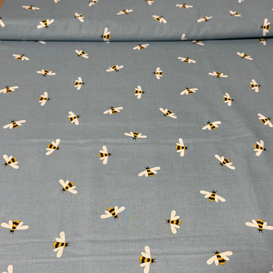 Flying Bumblebee Print Fabric – Dusty Blue | 100% Cotton | 45” Wide