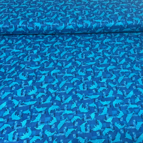 Modern Ocean Fish Cotton Fabric – Blue Tone | Abstract Marine Print