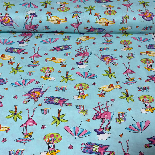 Tropical Flamingo Beach Print Fabric – 100% Cotton | 45” Wide