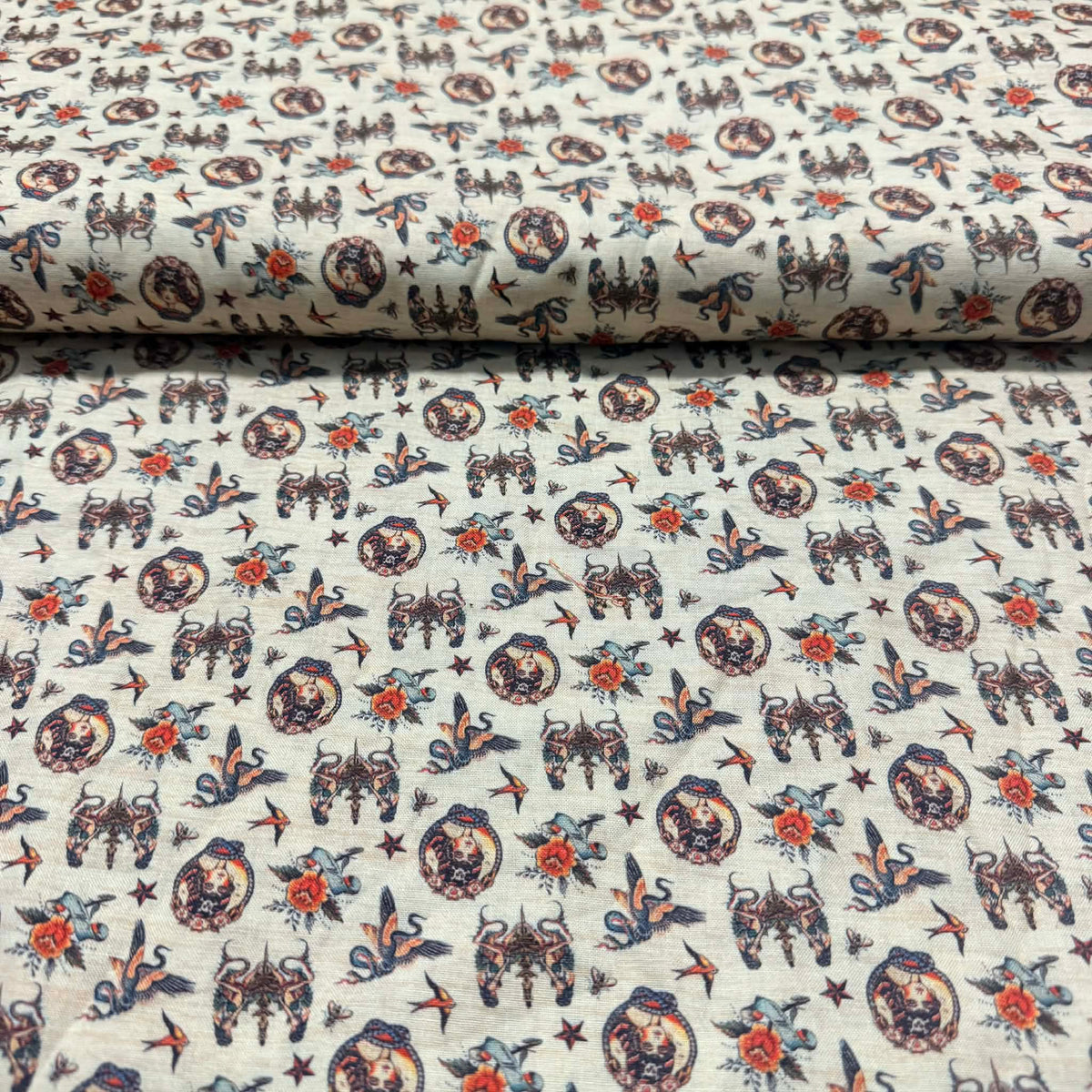 Vintage Western Tattoo Icons – 100% Cotton Fabric | 45” Wide