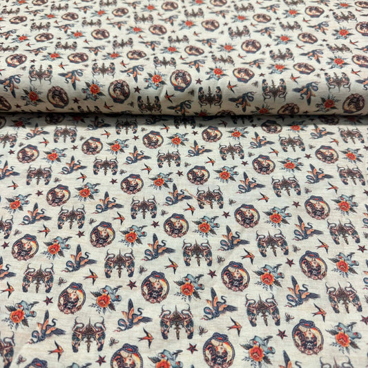 Vintage Western Tattoo Icons – 100% Cotton Fabric | 45” Wide