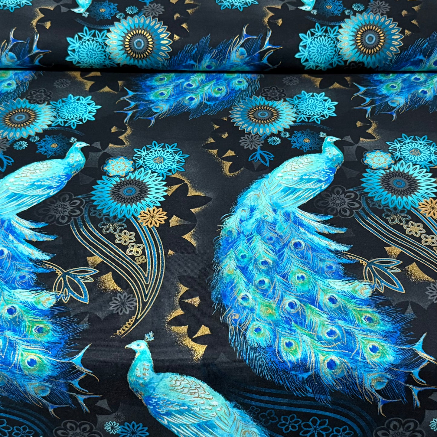 Blue Peacock Floral Print Fabric – 100% Cotton | 45” Wide