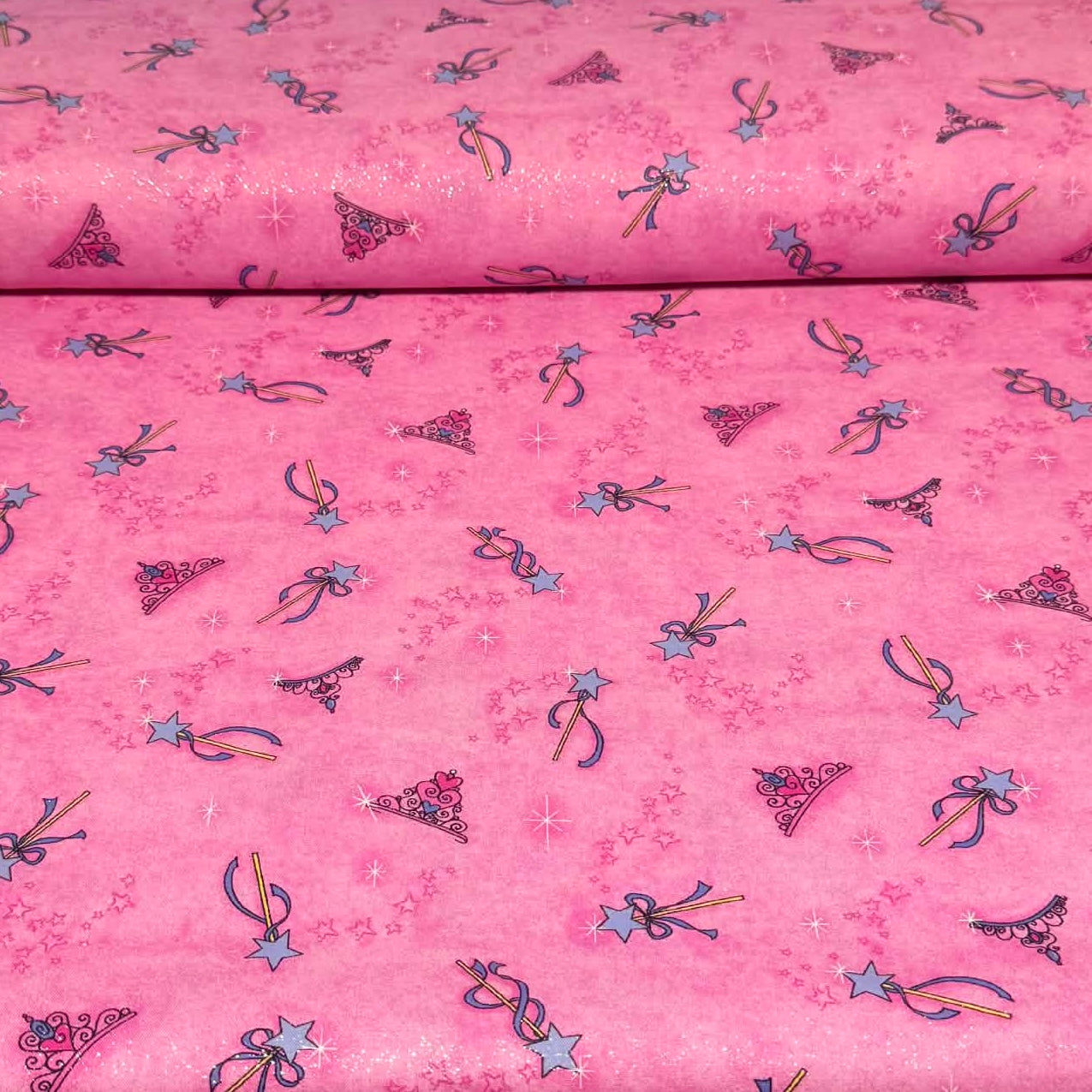 Princess Wand & Tiara Print Fabric – 100% Cotton with Glitter | 45” Wide