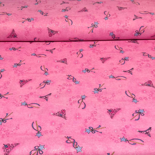 Princess Wand & Tiara Print Fabric – 100% Cotton with Glitter | 45” Wide
