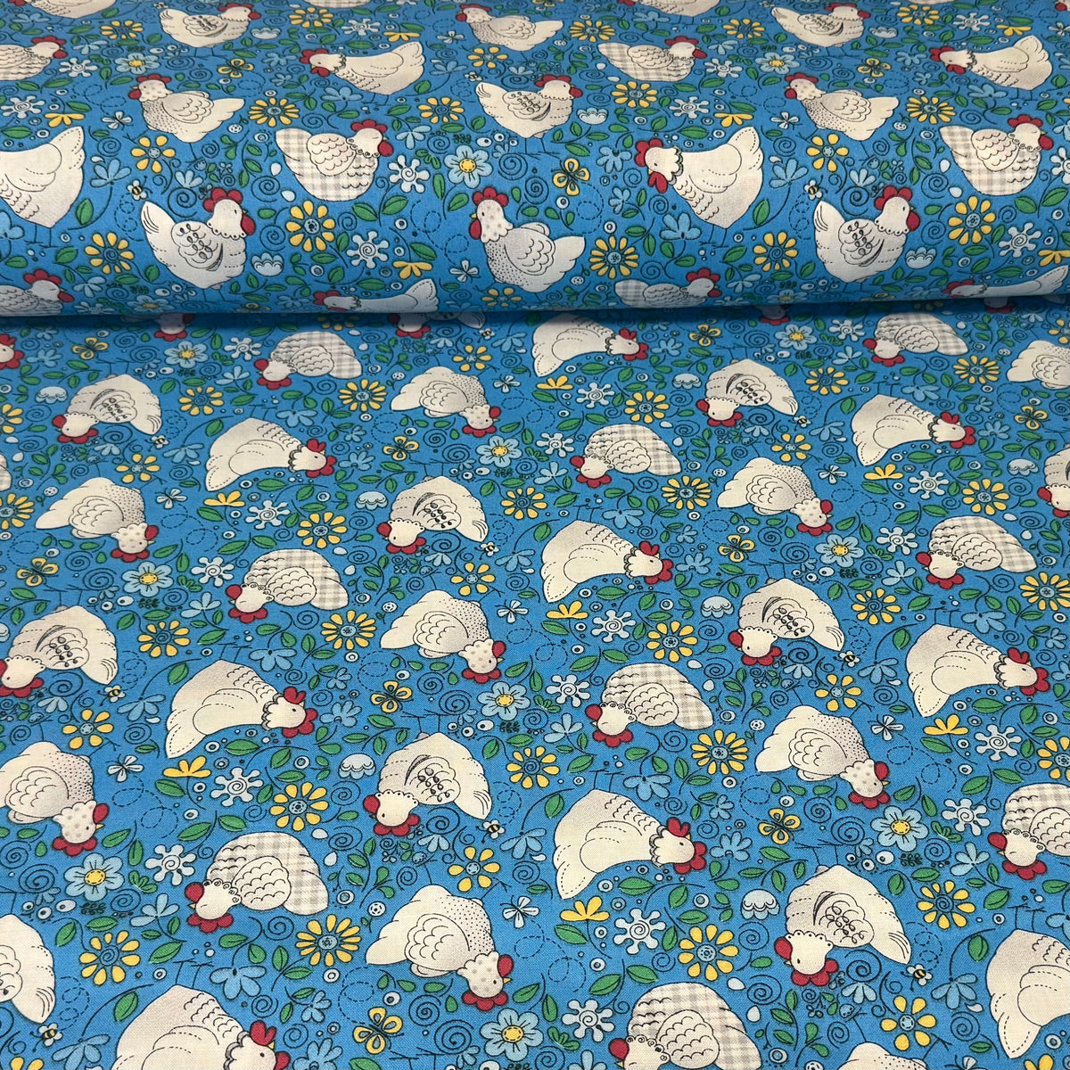 Farmhouse Chickens & Florals on Blue Print Fabric – 100% Cotton | 45” Wide