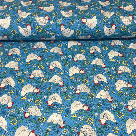 Farmhouse Chickens & Florals on Blue Print Fabric – 100% Cotton | 45” Wide