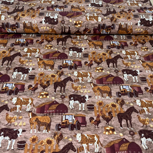 Farm Life Scene Print Fabric - 100% Cotton | 45” Wide