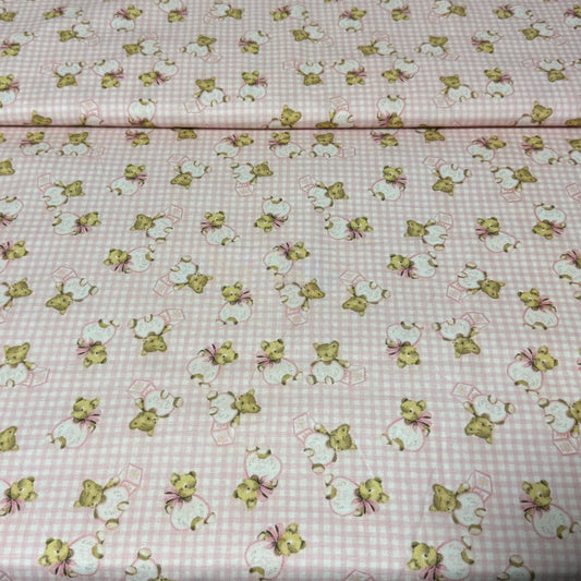 Vintage Teddy Bears on Pink Gingham | 100% Cotton Fabric | 45” Wide