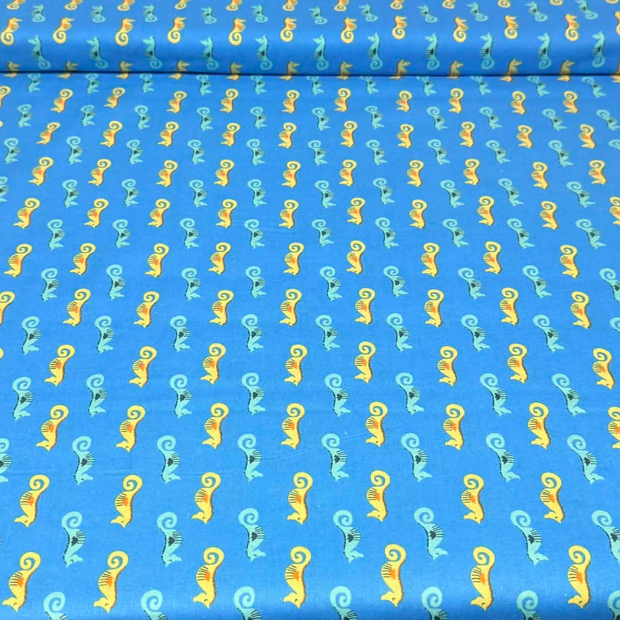 Blue Seahorse Print Fabric – 100% Cotton | 45” Wide