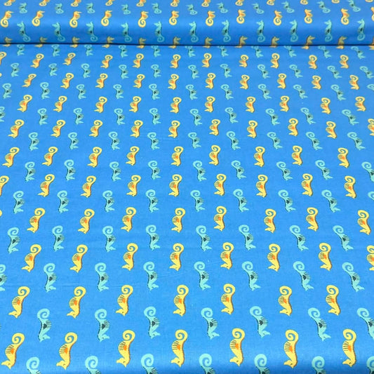 Blue Seahorse Print Fabric – 100% Cotton | 45” Wide