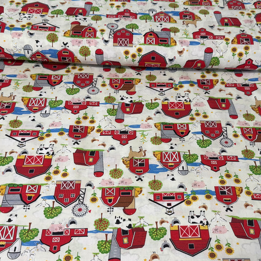 Red Barn Farm Scene Print Fabric - 100% Cotton | 45” Wide