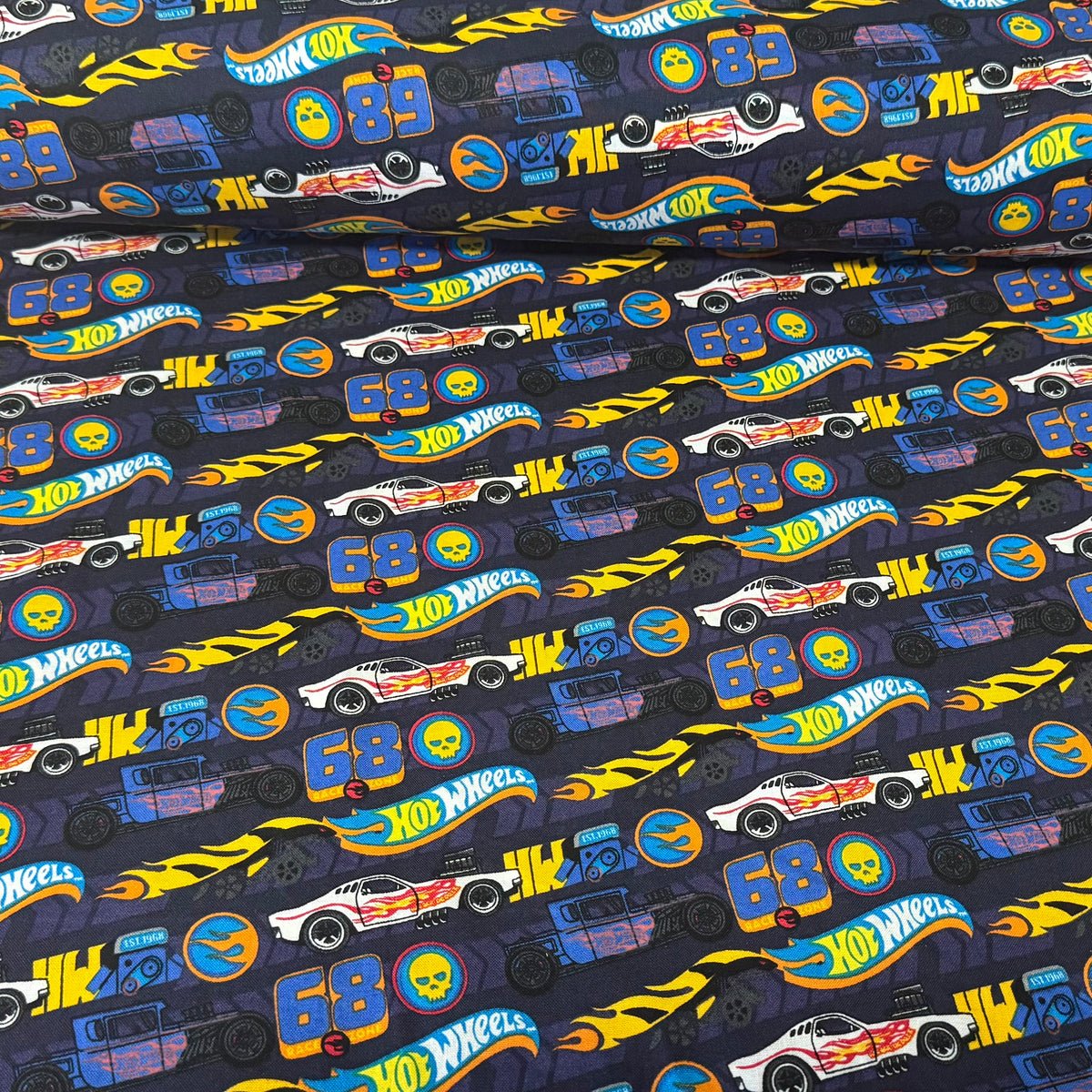 Hot Wheels Cars on Dark Navy Print Fabric – 100% Cotton | 45” Wide