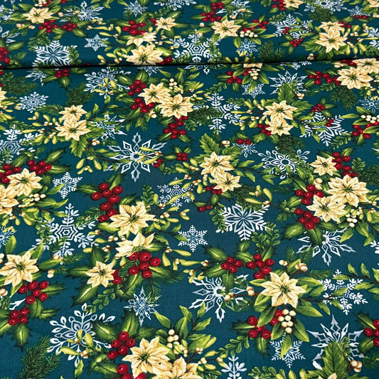 Christmas Poinsettias & Holly on Teal | 100% Cotton Fabric | 45” Wide