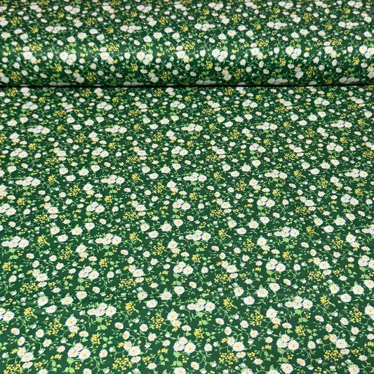 White Daisy Floral on Forest Green Fabric – 100% Cotton | 45” Wide