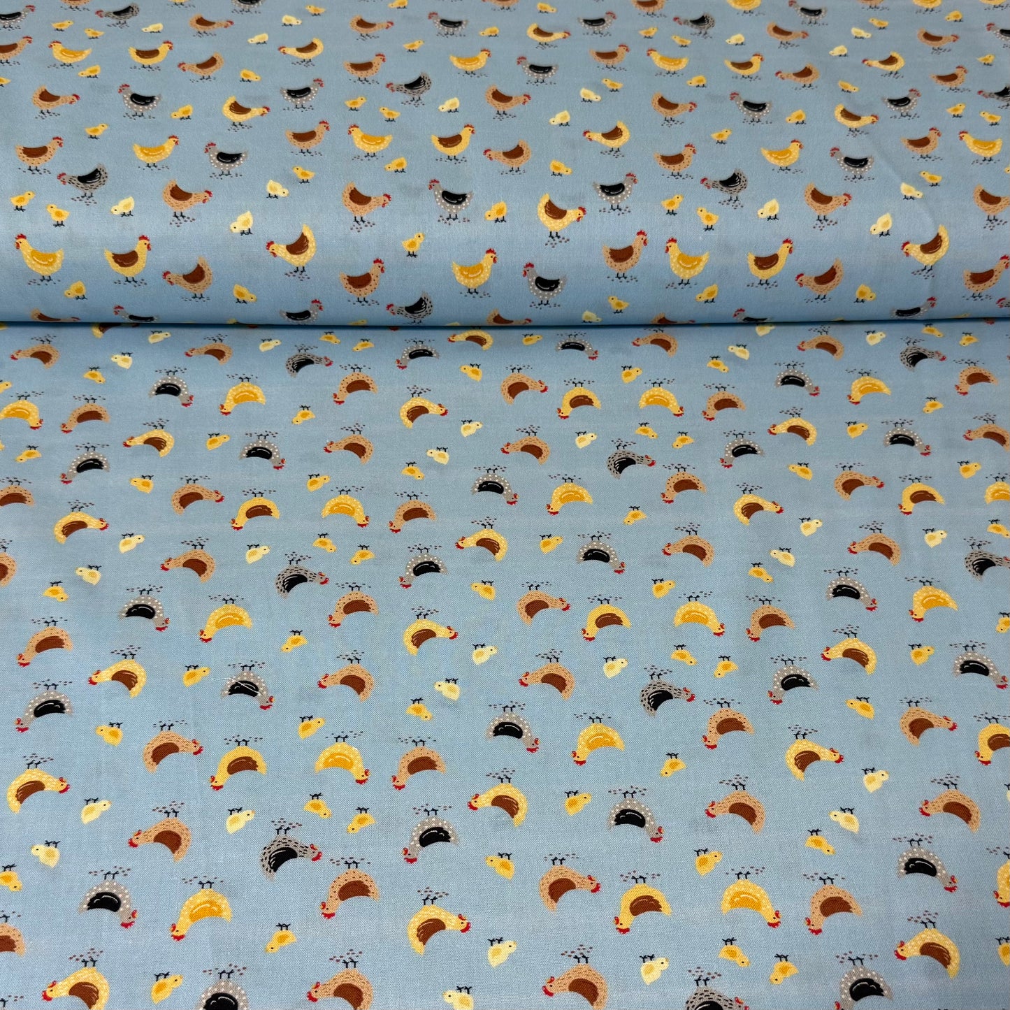 Blue Chicken Toss Print Fabric - 100% Cotton | 45” Wide