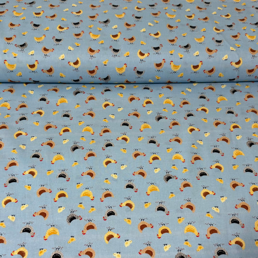 Blue Chicken Toss Print Fabric - 100% Cotton | 45” Wide