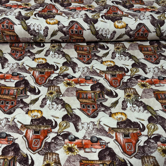 Vintage Farm Life – Barn, Rooster & Harvest Cotton Fabric 45” Wide