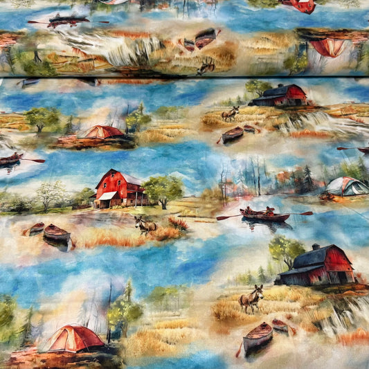 Rustic Lakeside Farm – Barn & Canoe Scenic Cotton Fabric 45” Wide