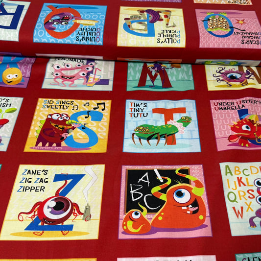 Alphabet Monsters Patchwork Print Fabric – 100% Cotton | 45” Wide