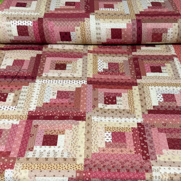 Pink Log Cabin Patchwork Print Fabric – 100% Cotton | 45” Wide