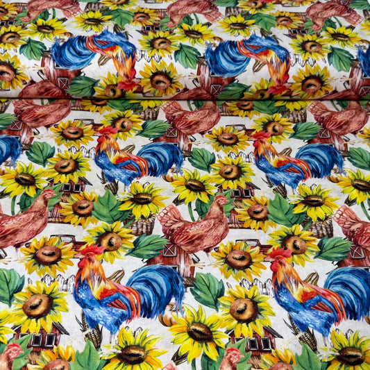 Rooster Sunflower Farm Print Fabric - 100% Cotton | 45” Wide