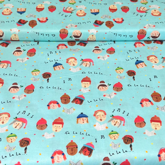 Christmas Carolers on Aqua Print Fabric – 100% Cotton | 45” Wide