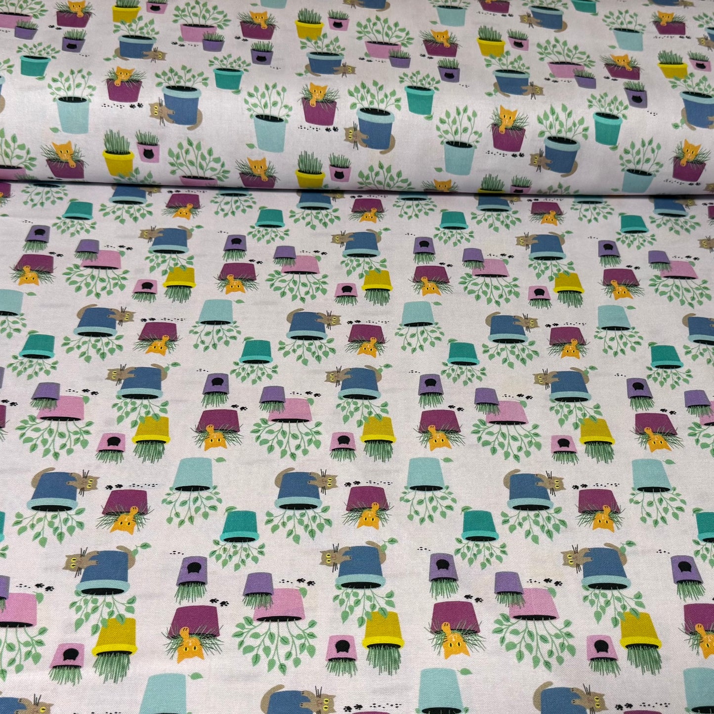 Curious Cats & Planters Cotton Print Fabric – White Multi | 45” Wide
