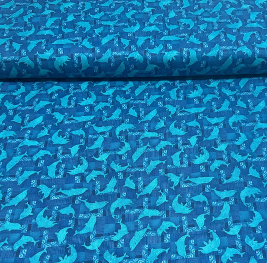 Teal Ocean Whale Print Fabric - 100% Cotton | 45” Wide