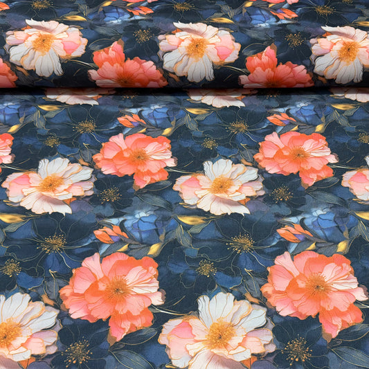 Midnight Coral Blossom Canvas Fabric – Navy Floral | 60” Wide