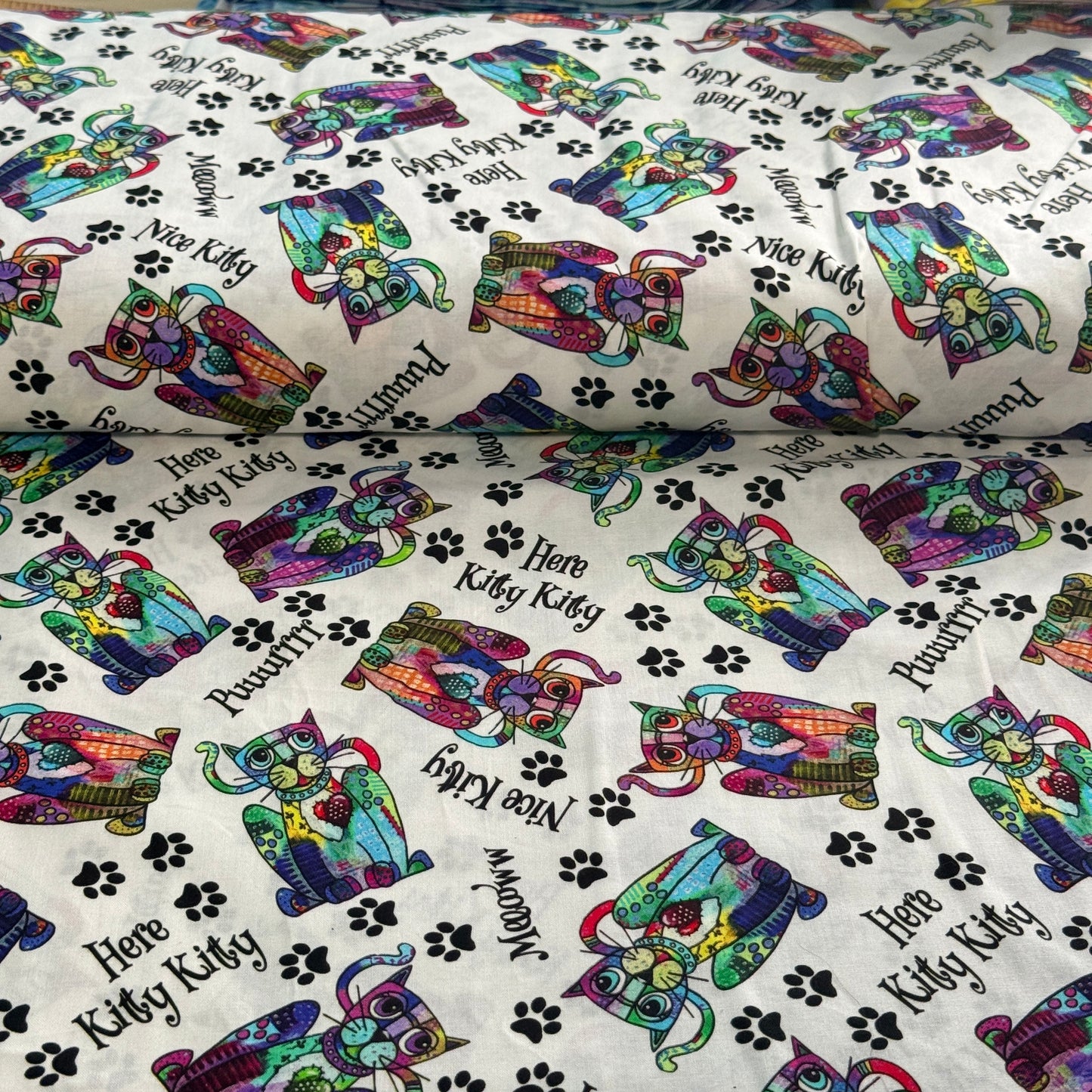 Colorful Kitty Paw Print Fabric– 100% Cotton | 45” Wide