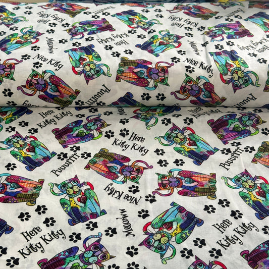 Colorful Kitty Paw Print Fabric– 100% Cotton | 45” Wide