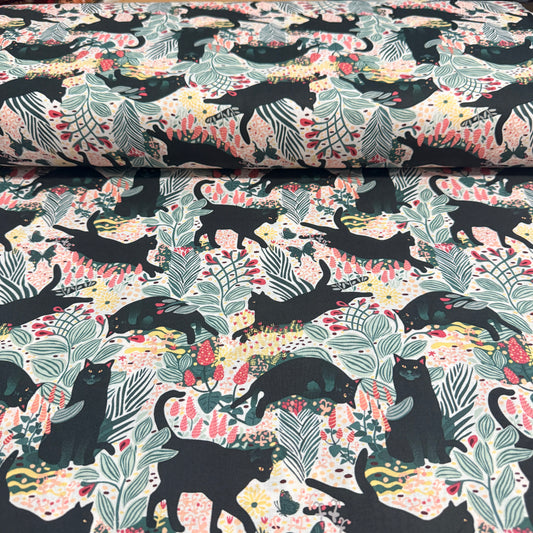 Black Cat Botanical Print Fabric - 100% Cotton | 45” Wide