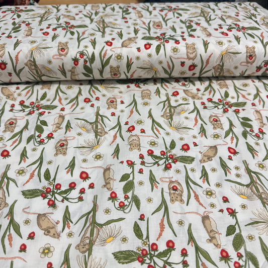 Woodland Mice & Strawberries Print Fabric - 100% Cotton | 45” Wide