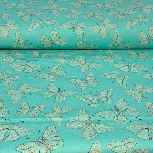 Aqua Butterfly Print Fabric - 100% Cotton | 45” Wide